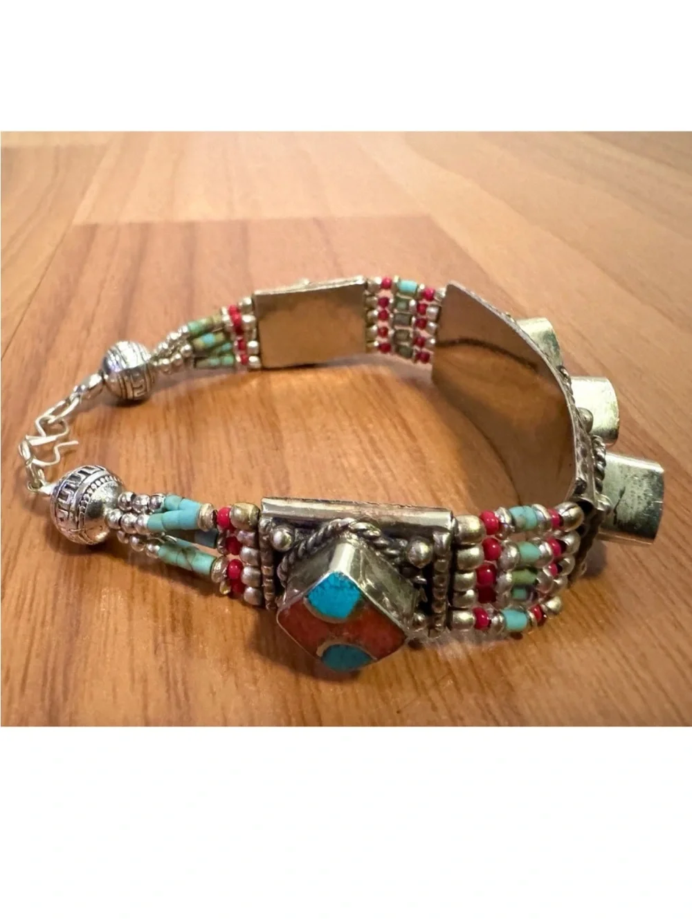 Vintage & Handcrafted Artisan Ethnic Tribal Bracelet Inlay Stones Set In Silver